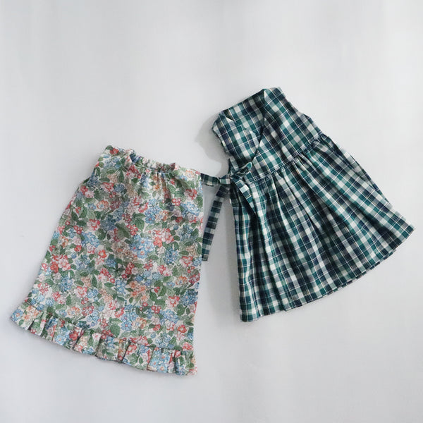 【材料セット　新作】クゥクゥ着せ替え　花柄のワンピースとカシュクールワンピース（フランダースリネンとタータンチェック）