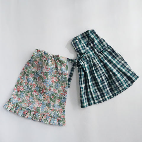 【材料セット　新作】クゥクゥ着せ替え　花柄のワンピースとカシュクールワンピース（フランダースリネンとタータンチェック）